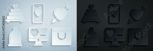 Set Dating app online, Amour with heart and arrow, Condom, Shopping bag, Online dating chat and Wedding cake icon. Vector