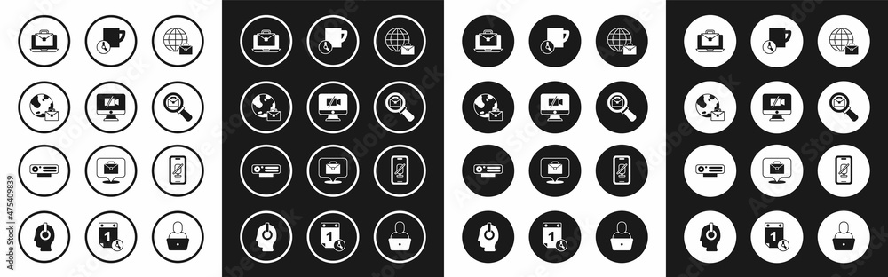 Set Online working, Video camera Off on computer, Magnifying glass with briefcase, Time management, Mute microphone mobile and Web icon. Vector Set Online working, Video camera Off on computer, Magnifying glass with briefcase, Time management, Mute microphone mobile and Web icon. Vector