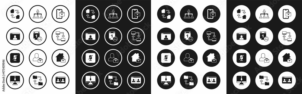 Set Freelancer, Time management, Video chat conference, Online working, Hierarchy organogram chart, and Mute microphone icon. Vector Set Freelancer, Time management, Video chat conference, Online working, Hierarchy organogram chart, and Mute microphone icon. Vector