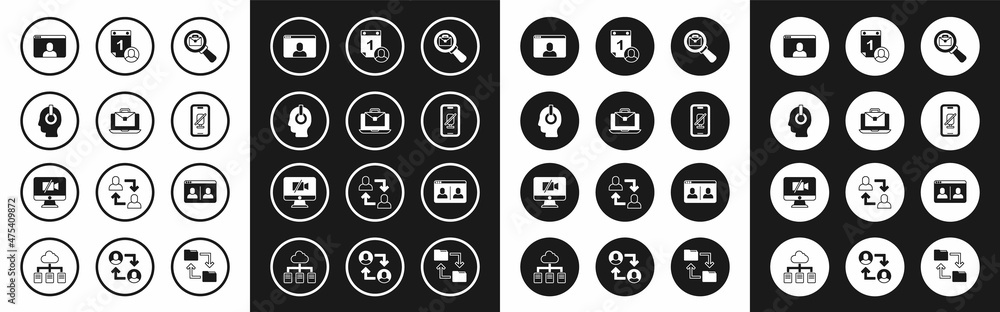 Set Magnifying glass with briefcase, Online working, Freelancer, Video chat conference, Mute microphone mobile, Time management, and camera Off computer icon. Vector Set Magnifying glass with briefcase, Online working, Freelancer, Video chat conference, Mute microphone mobile, Time management, and camera Off computer icon. Vector