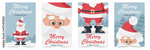 Christmas set  and New Year cards. Cute Santa Claus with glasses, in his red suit with stocking cap and black boots wishes Merry Christmas and Happy New Year. Flat vector illustration.
