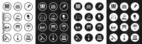 Set Toy horse, Basketball backboard, Jump rope, Shooting gallery, Racket and, Pool with balls, Soccer goal and Skate park icon. Vector