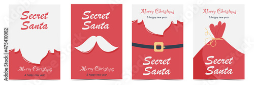 Secret Santa Claus cards set. Merry Christmas and Happy New Year banner template or invitation with white beard and moustache, red Santa suit and bag with gifts. Flat vector illustration.