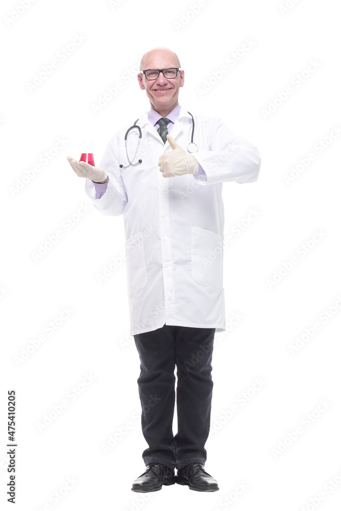 competent doctor with a laboratory flask. isolated on a white competent doctor with a laboratory flask. isolated on a white