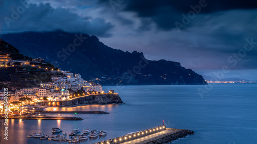 Europe, Italy, Campania. Sunset on town and Amalfi Coast.