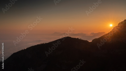Europe, Italy. Sunset on mountains in Amalfi Coast.