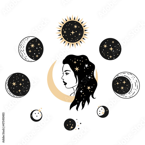 Woman moon celestial astrology boho esoteric magic print - Spiritual star tattoo