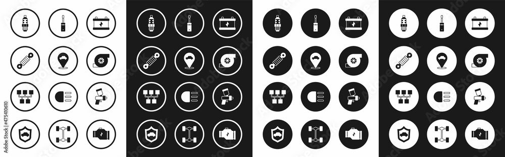 Set Car battery, Location with car service, Shock absorber, spark plug, Automotive turbocharger, Screwdriver, Paint spray gun and Gear shifter icon. Vector Set Car battery, Location with car service, Shock absorber, spark plug, Automotive turbocharger, Screwdriver, Paint spray gun and Gear shifter icon. Vector