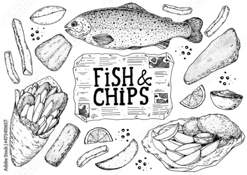 Fish and chips sketch vector illustration. British pub food. Hand drawn sketch. Cooking fish and chips. Engraved hand drawn vintage image. Menu design template.