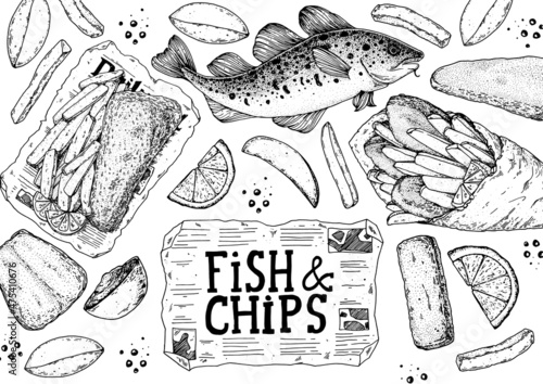 Fish and chips sketch vector illustration. British pub food. Hand drawn sketch. Cooking fish and chips. Engraved hand drawn vintage image. Menu design template.