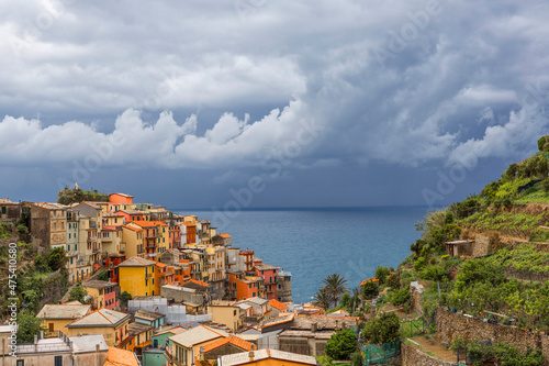 Europe, Italy, Manarola. Landscape with town and ocean.