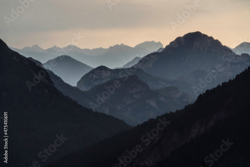 Europe  Italy  Friuli Venezia Giulia. Foggy Monte Lussari mountain at sunset.