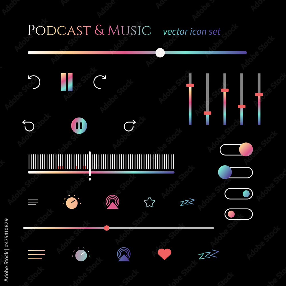 Music podcast player gradient button interface set. Vector control multimedia illustration icon symbol.