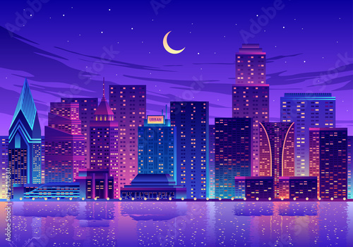 Night City Water Reflection Landscape Illustration
