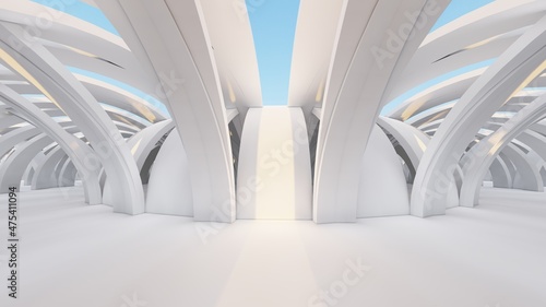 Futuristic architecture background design columns in interior 3d render