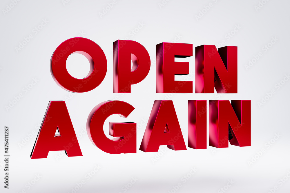 Open again. 3D capital letters in red metallic. Open again. 3D capital letters in red metallic.