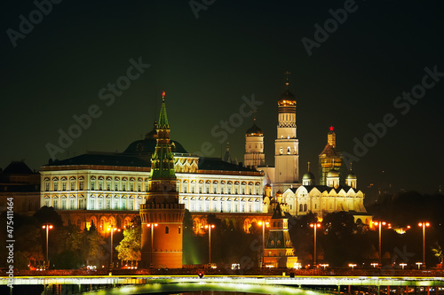 Photography Beautiful and famous night view of Moscow Kremlin Palace and Churches, Russia