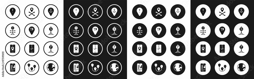 Set Location with anchor, Cafe and restaurant location, Road barrier, exclamation mark, Turn back road sign, Parking and City map navigation icon. Vector Set Location with anchor, Cafe and restaurant location, Road barrier, exclamation mark, Turn back road sign, Parking and City map navigation icon. Vector