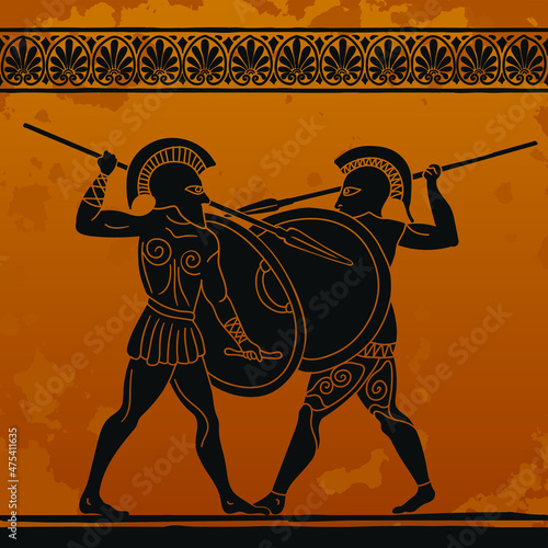 Two ancient Greek warriors with a spears and shields in their hands. Fragment of the image on the dishes.