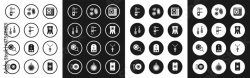 Set Jewelry online shopping, Calliper or caliper and scale, Earrings, Tooth with diamond, Gem stone, Christian cross chain and icon. Vector