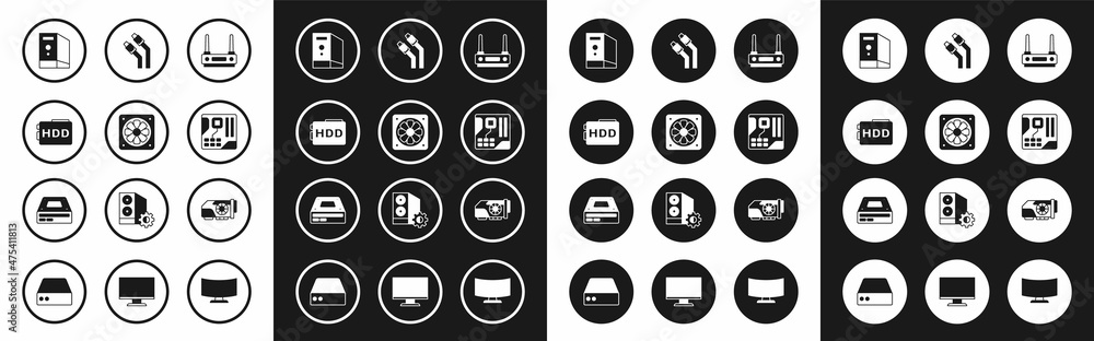 Set Router and wi-fi signal, Computer cooler, Hard disk drive HDD, Case of computer, Motherboard digital chip, LAN cable network internet, Video graphic card and Optical disc icon. Vector Set Router and wi-fi signal, Computer cooler, Hard disk drive HDD, Case of computer, Motherboard digital chip, LAN cable network internet, Video graphic card and Optical disc icon. Vector