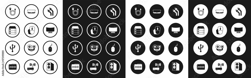 Set LAN cable network internet, Computer mouse, Server, Data, Web Hosting, Electric plug, monitor screen, Laptop, and USB icon. Vector Set LAN cable network internet, Computer mouse, Server, Data, Web Hosting, Electric plug, monitor screen, Laptop, and USB icon. Vector