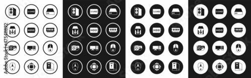 Set Server, Data, Web Hosting, Hard disk drive HDD, Uninterruptible power supply, Case of computer, RAM, random access memory, SSHD card, Computer mouse and Video graphic icon. Vector