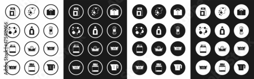 Set T-shirt, Bottle for cleaning agent, Soap water bubbles, Laundry detergent, Yarn, Drying clothes, Temperature wash and Washer icon. Vector