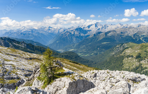 View over Val Rendena towards Adamello group. The Brenta Dolomites, UNESCO World Heritage Site. Italy, Trentino, Val Rendena
