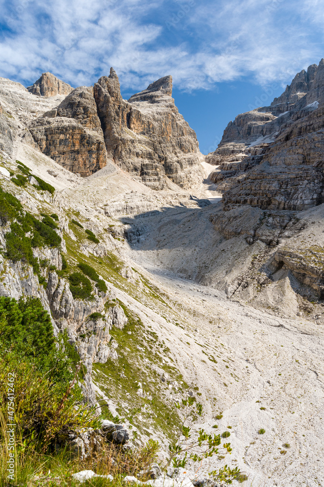 Bocca del Tuckett and Cima Sella. The Brenta Dolomites, UNESCO World Heritage Site. Italy, Trentino, Val Rendena