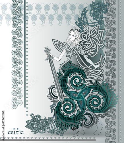 Fantasy Celtic ornament with triple spiral symbol and ancient medieval fairy holding sword. Beautiful Gothic Western Europe decoration. Pattern for modern wallpaper, print, Henna, Mehndi, tattoo.