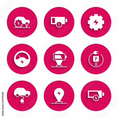 Set Battery charge, Charging parking electric car, Low battery, Electric, Voltmeter, Gear and lightning and service icon. Vector