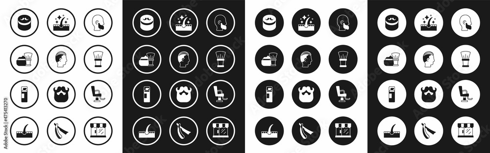 Set Mustache and beard, Hairstyle for men, Shaving brush with foam, Gel wax hair styling, Oil care treatment, Barbershop chair and gel icon. Vector Set Mustache and beard, Hairstyle for men, Shaving brush with foam, Gel wax hair styling, Oil care treatment, Barbershop chair and gel icon. Vector
