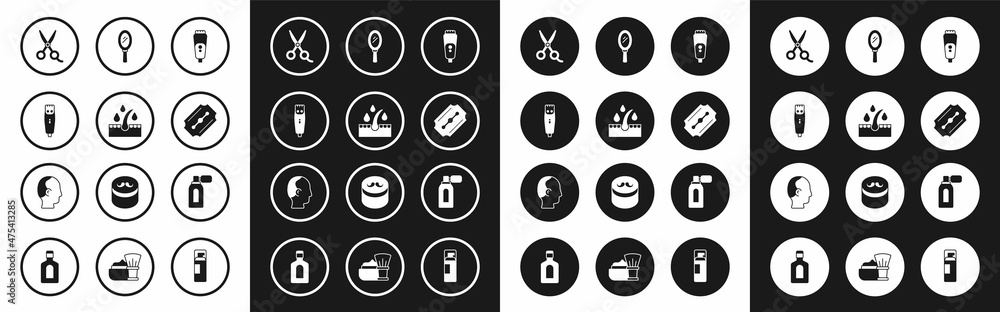Set Electric razor blade, Oil for hair care treatment, Hair clipper, Scissors hairdresser, Blade, Hand mirror, Aftershave with atomizer and Baldness icon. Vector Set Electric razor blade, Oil for hair care treatment, Hair clipper, Scissors hairdresser, Blade, Hand mirror, Aftershave with atomizer and Baldness icon. Vector