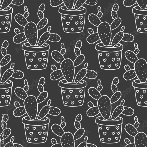 Seamless succulent and cactus plants seamless pattern. Vector tropical illustration of desert flowers in a pot. Hand drawn line doodle nature print. Black and white art,