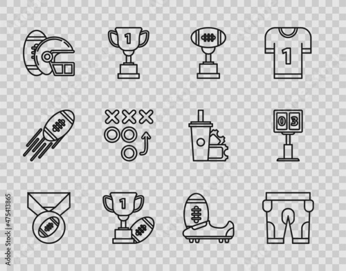 Set line American Football ball with medal, football shorts, Award cup and, helmet, Planning strategy concept, Soccer shoes spikes and Sport mechanical scoreboard result display icon. Vector
