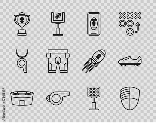 Set line Football stadium, club logo template, Smartphone with american football on the screen, Whistle, Award cup and American, shorts, Bright lights and Soccer shoes spikes icon. Vector