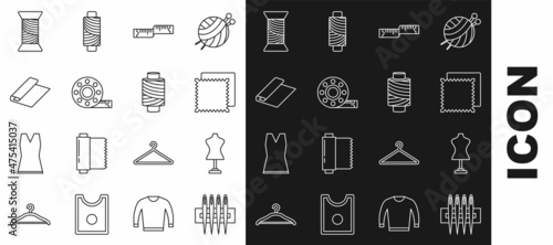 Set line Needle for sewing, Mannequin, Textile fabric roll, Tape measure, Sewing thread on spool and icon. Vector
