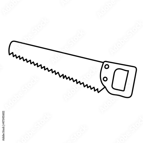 Line drawing of a hacksaw, a saw. Isolated vector illustration.