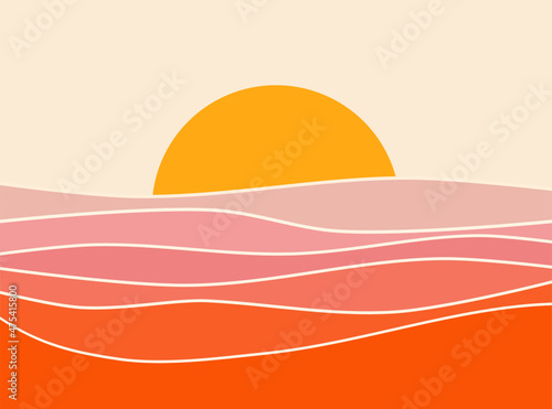 Retro abstract sunset landscape 70's style mid century modern graphic design vector, pink and red vintage illustration, colorful minimal Art Deco gradient striped pattern, fun pretty poster background © lyonstock