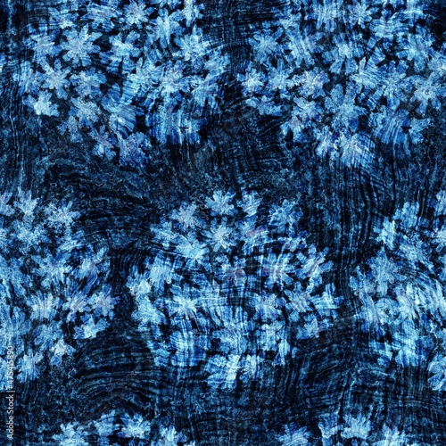 Seamless indigo block print texture on navy blue woven effect background. Japanese style washed denim batik resist pattern. Worn masculine cloth print swatch.