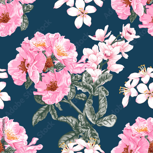 Seamless pattern floral with pink rose and Orchid flowers abstract background.Vector illustration drawing.For used fabric pattern design.