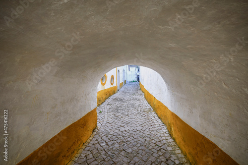 Foto Europe, Portugal, Obidos. Low archway and cobbled street.
