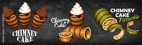 Chalk drawing logo set of chimney cake with chocolate, pistachio, ice cream, whipped cream isolated on blackboard. Sketch hand drawn trdelnik menu. Czech sweet baked street food, Vector illustration.