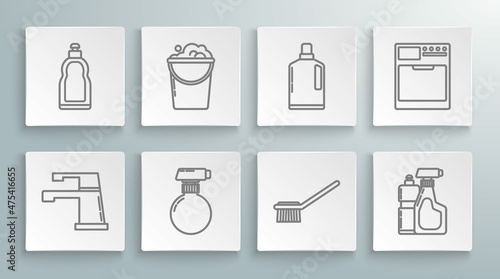 Set line Water tap, Bucket with foam and bubbles, Toilet brush, Plastic bottles for liquid dishwashing liquid, Washer and icon. Vector