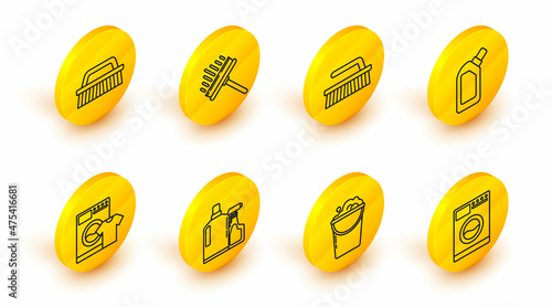 Set line Washer, Bucket with foam and bubbles, Plastic bottles for liquid dishwashing liquid, t-shirt, Brush cleaning, Squeegee, scraper, wiper and icon. Vector