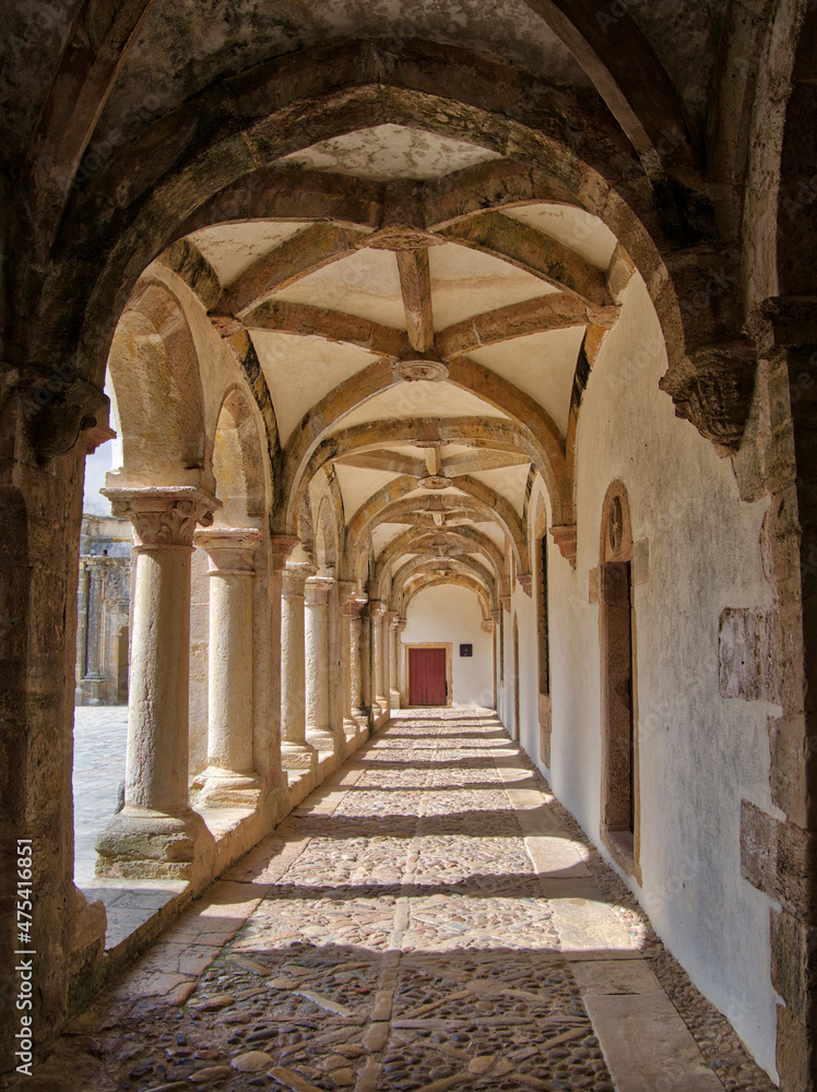 Portugal, Tomar. Vaulted arch cloisters within the Convent of Christ, associated with the Knights Templar.