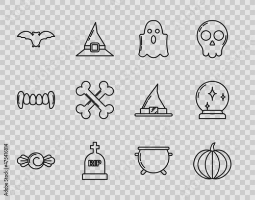 Set line Candy, Pumpkin, Ghost, Tombstone with RIP, Flying bat, Crossed bones, Halloween witch cauldron and Magic ball icon. Vector