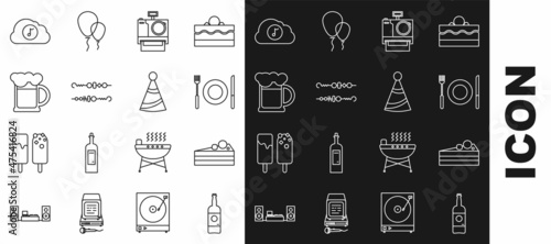 Set line Beer bottle, Cake, Plate, fork and knife, Photo camera, Grilled shish kebab, Wooden beer mug, Music streaming service and Party hat icon. Vector