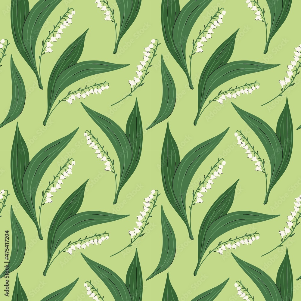 Lilies of the valley on a green background. Vector seamless pattern. Spring flowers. Hand drawn realistic illustrations. Printing on textiles, fabrics, packaging. Flat design.